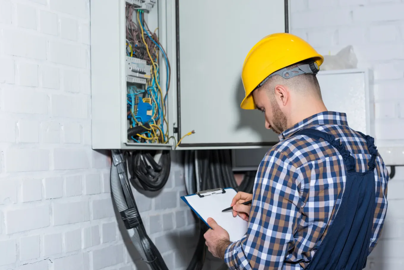 Électricien mesurant un circuit lors d'un dépannage dans un logement de Levallois-Perret